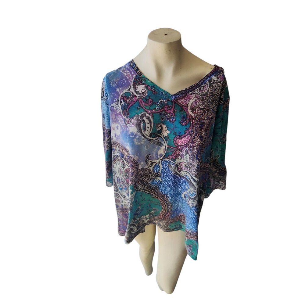 Catherines Top Womens SZ 2X Petite Whimsy‎ Fairy Beaded Royal Paisly Bold Print